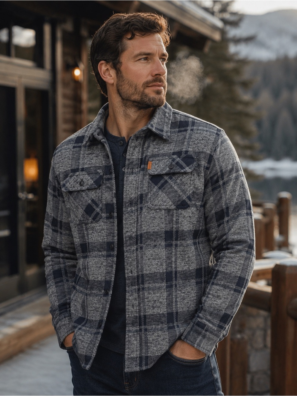 CHAPS Men’s Gray Plaid Fleece Flannel Shirt Jacket Shacket Size Large L